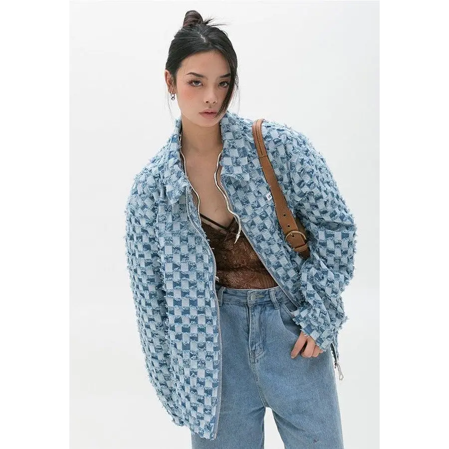 Pastel blue y2k checkered zip up jacket with design