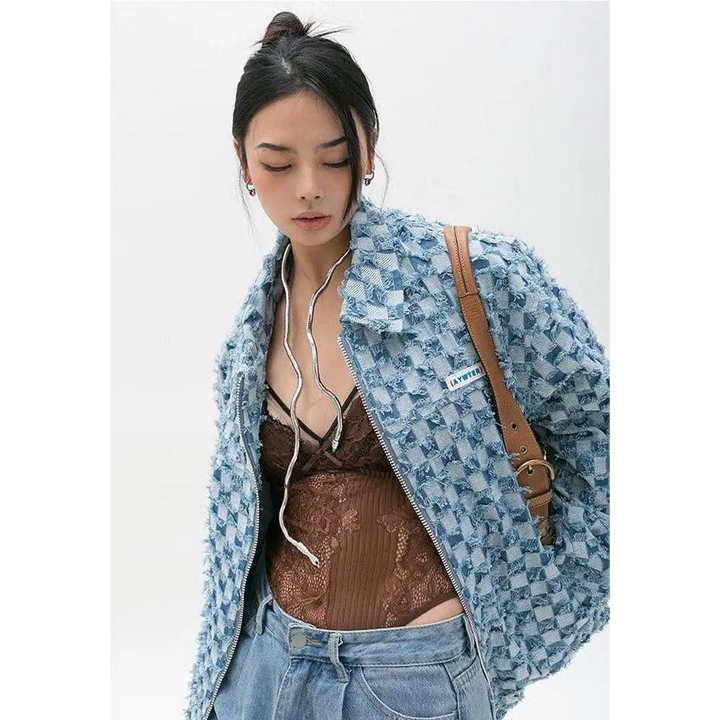 Pastel blue y2k checkered zip up jacket with design