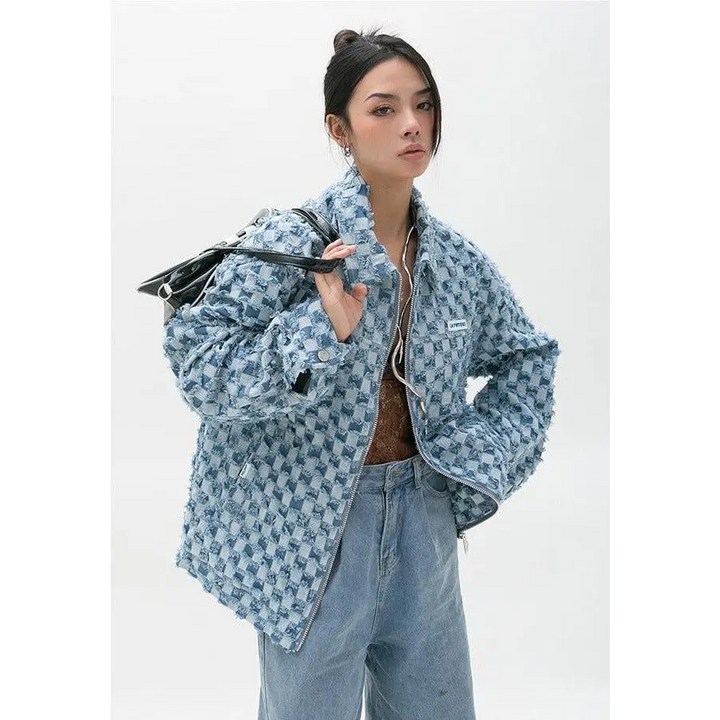 Pastel blue y2k checkered zip up jacket with design - m