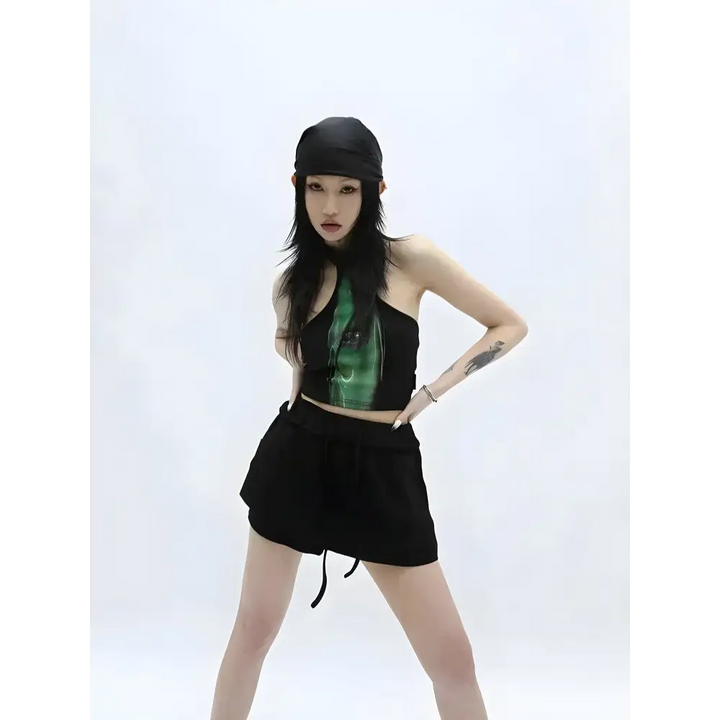 Neon green y2k cropped halter top for festival and grunge looks