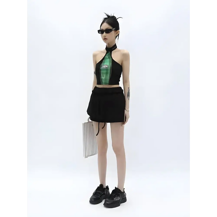 Neon green y2k cropped halter top for festival and grunge looks - black / s