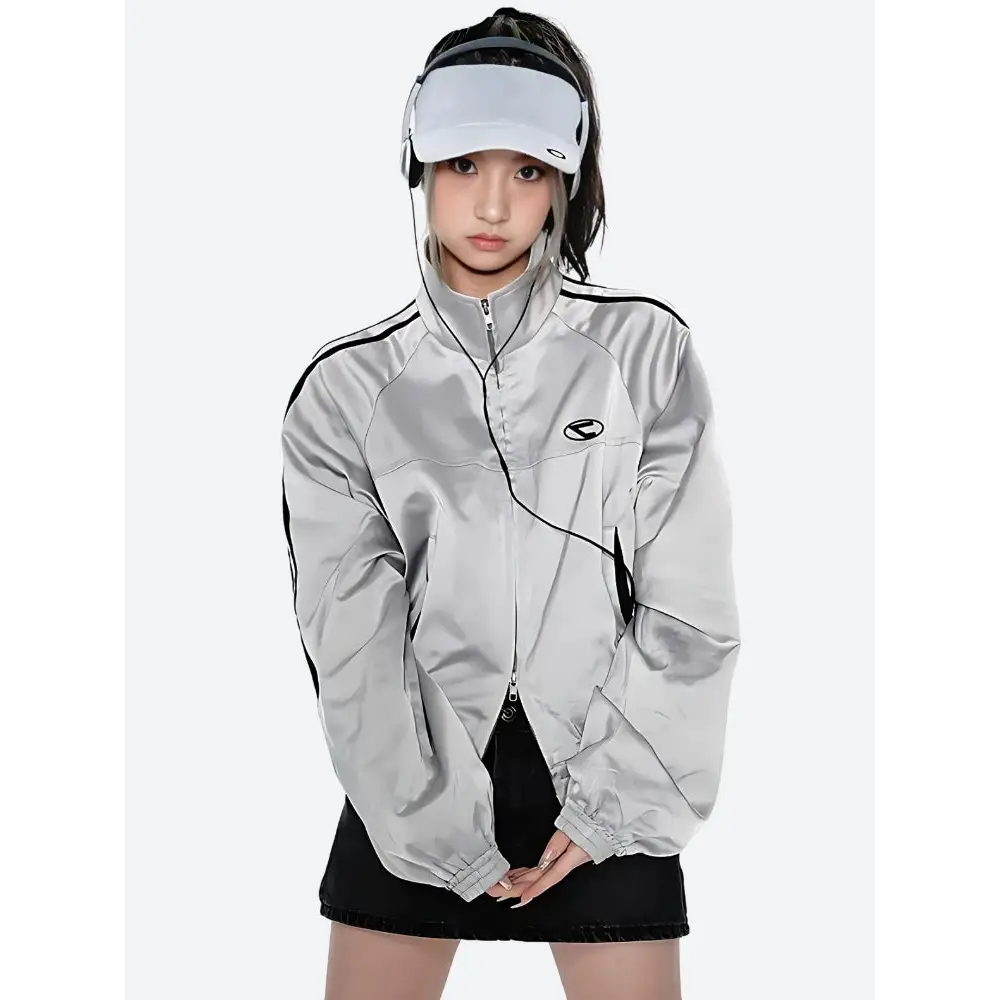 Reflective y2k cyberpunk jacket with striped design and embroidery - silver / s