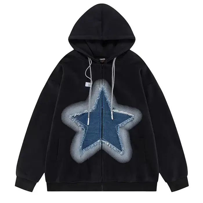 Y2k denim star zip up hoodie - s / black