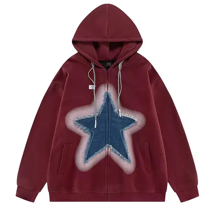 Y2k denim star zip up hoodie - s / red