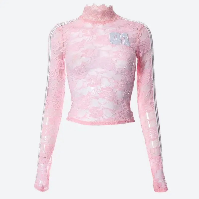 Y2k pink lace full zip jacket with sporty stripes - top