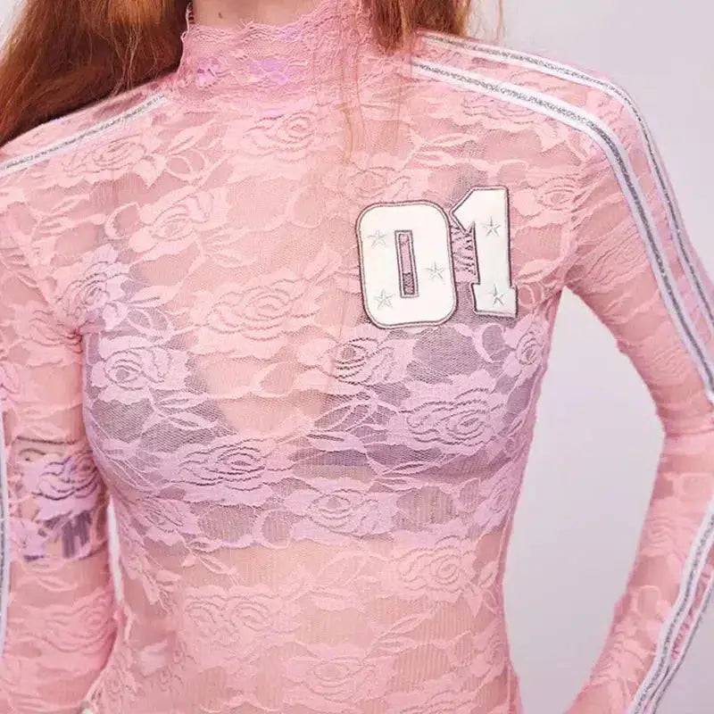 Y2k pink lace full zip jacket with sporty stripes - top