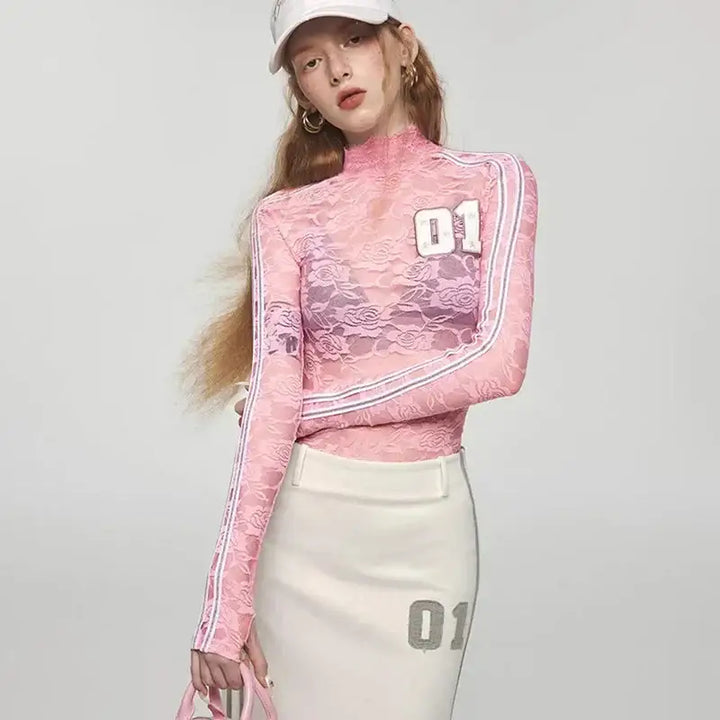 Y2k pink lace full zip jacket with sporty stripes - s - top