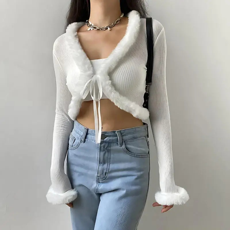 Y2k faux fur corduroy crop cardigan for a retro streetwear style