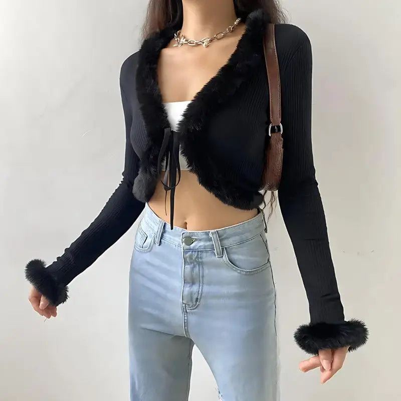 Y2k faux fur corduroy crop cardigan for a retro streetwear style - black / s