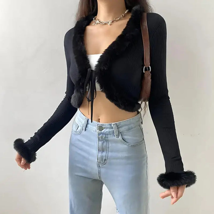 Y2k faux fur corduroy crop cardigan - black / s