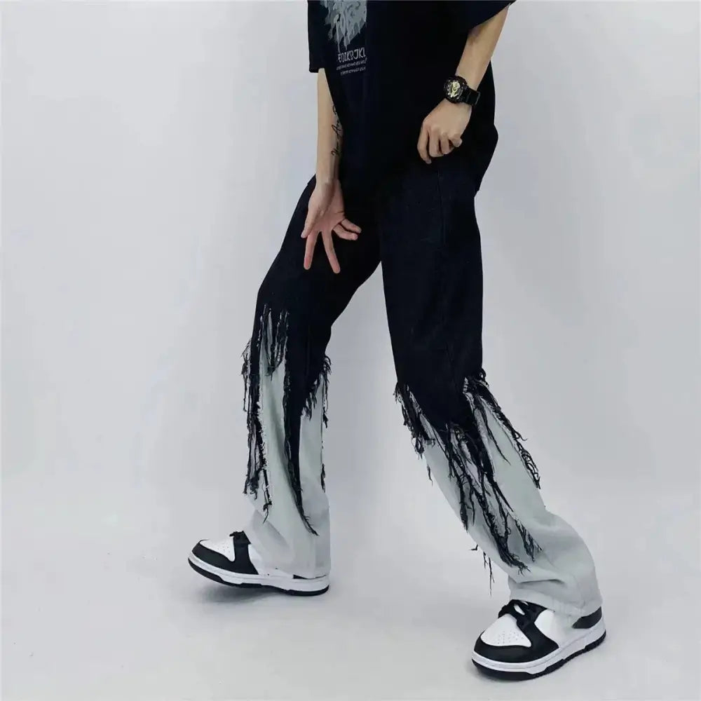 Y2k grunge men’s straight-leg jeans with unique fringed design