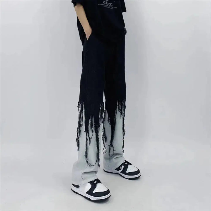 Y2k grunge men’s straight-leg jeans with unique fringed design