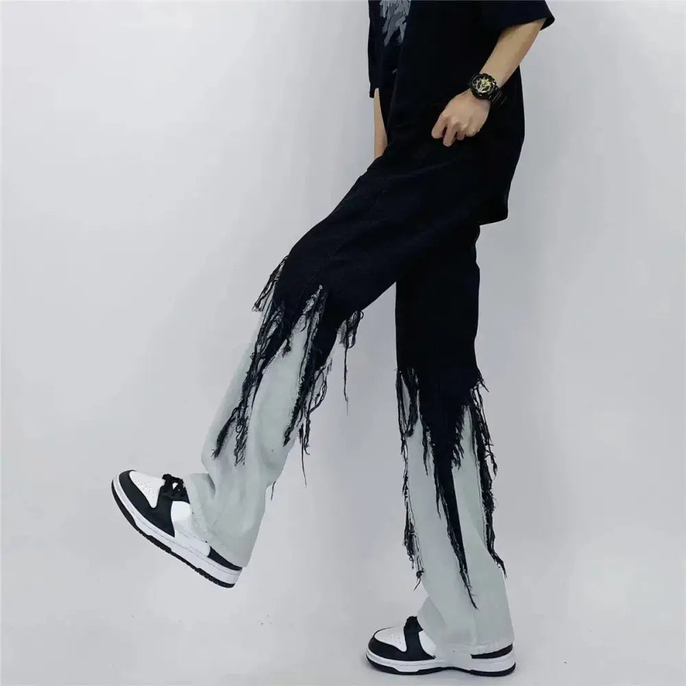 Y2k grunge men’s straight-leg jeans with unique fringed design - black / xs