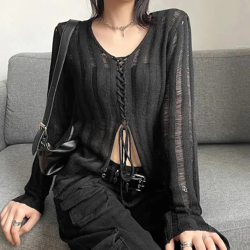 Sheer lace-up knitted top with wide crew neckline for y2k grunge style