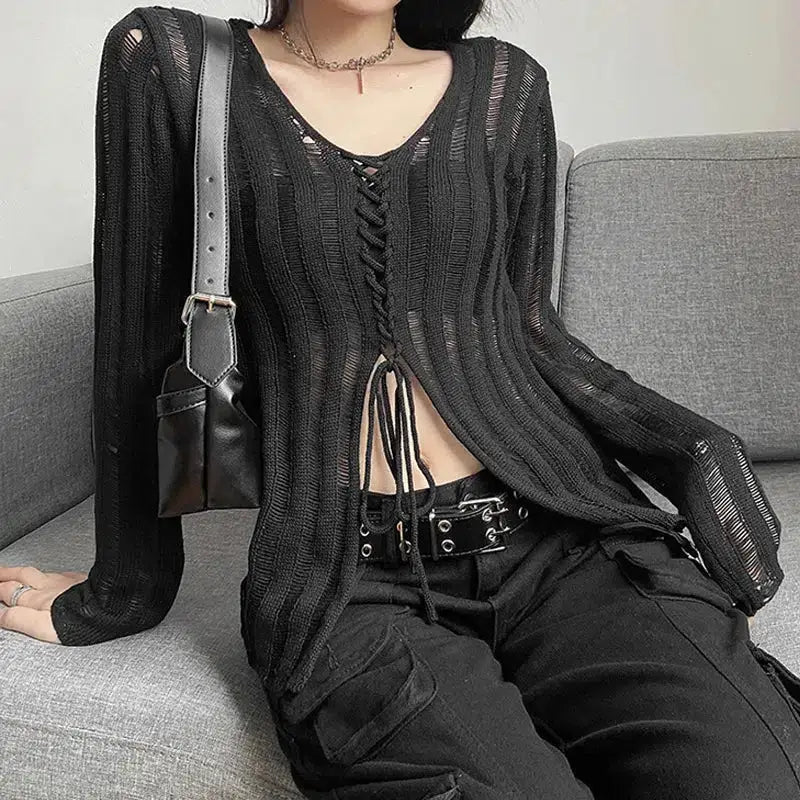 Sheer lace-up knitted top with wide crew neckline for y2k grunge style