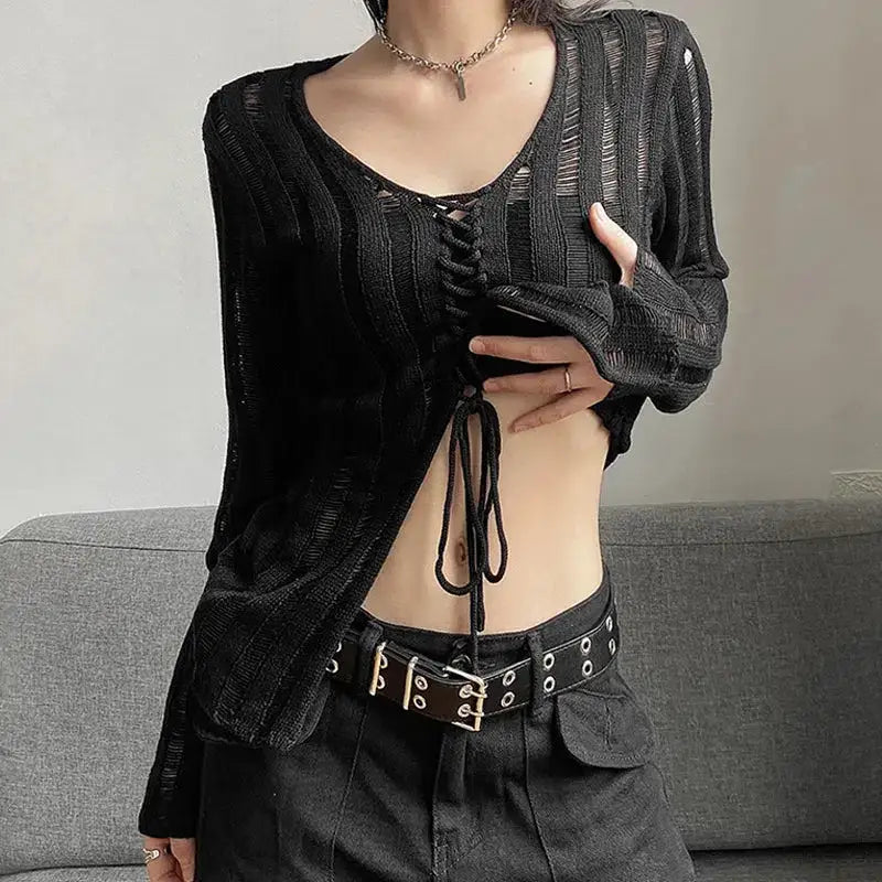 Sheer lace-up knitted top with wide crew neckline for y2k grunge style - black / s