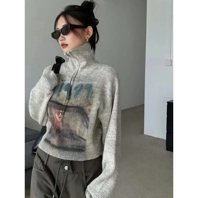 Y2k-inspired knitted sweater with turtle neck and drop shoulder design - gray / s