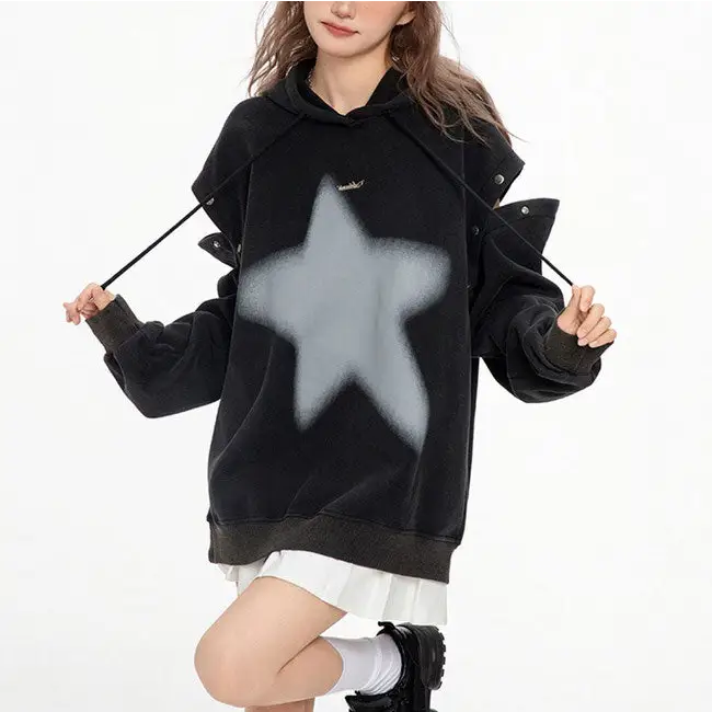 Y2k oversized hoodie with graffiti star print and detachable sleeves