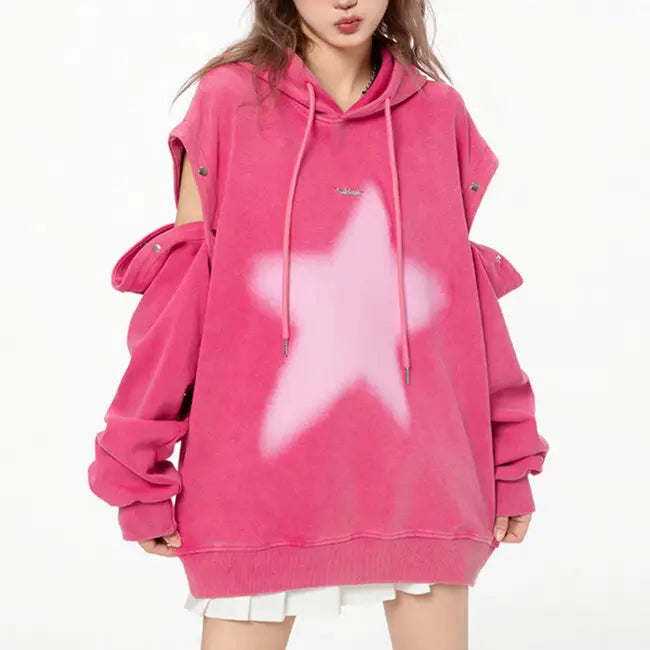 Y2k oversized hoodie with graffiti star print and detachable sleeves