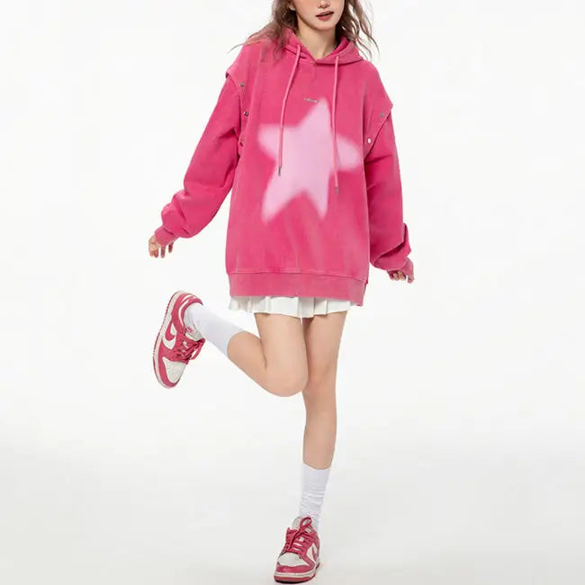 Y2k oversized hoodie with graffiti star print and detachable sleeves