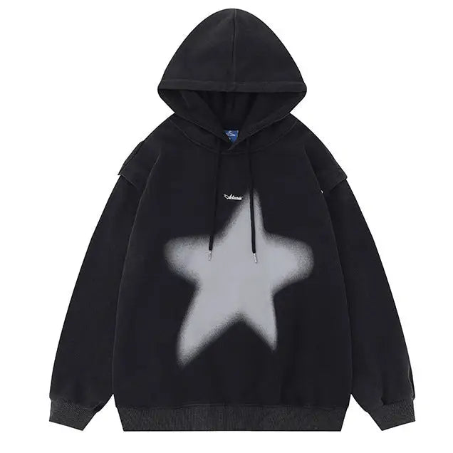 Y2k oversized hoodie with graffiti star print and detachable sleeves - s / black