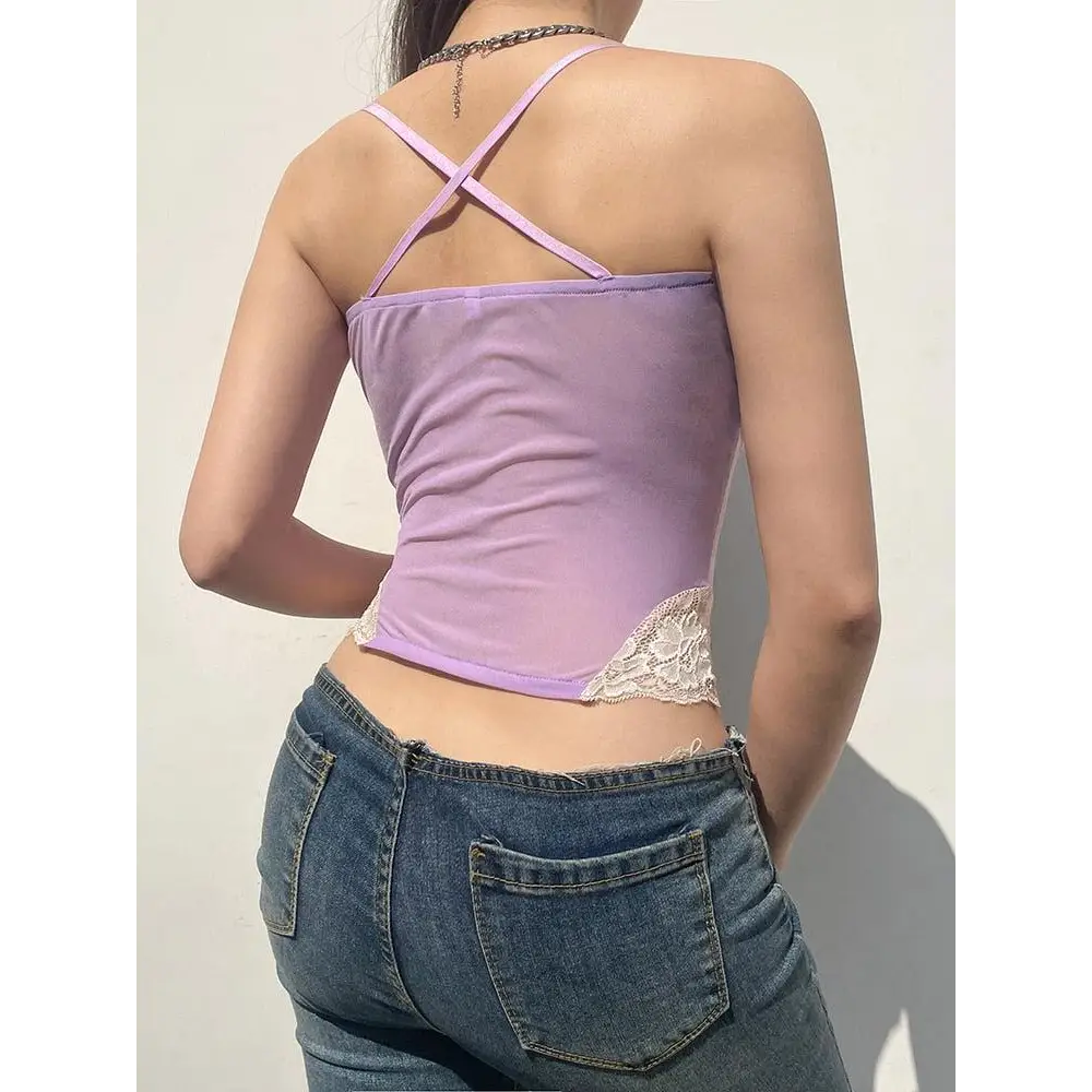 Y2k purple crop top with lace accents for a nostalgic look