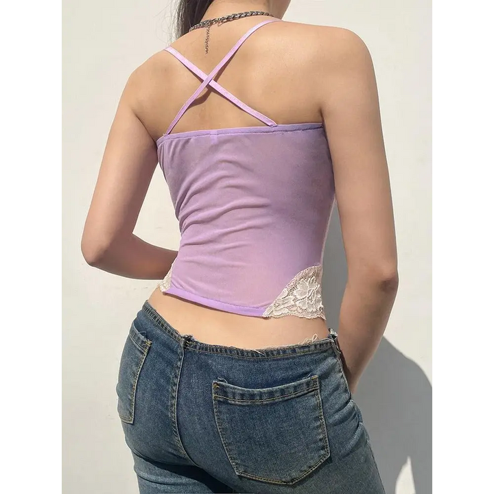 Y2k purple crop top with lace accents for a nostalgic look