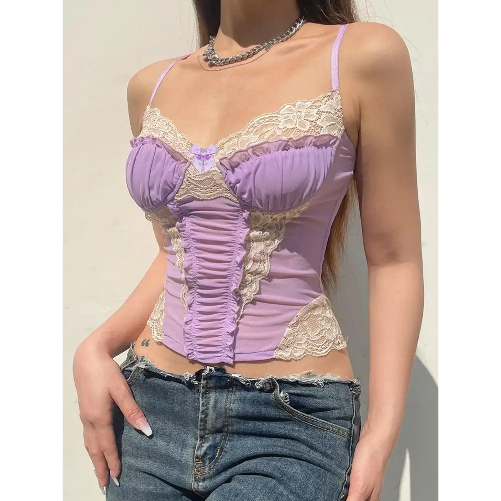 Y2k purple crop top with lace accents for a nostalgic look