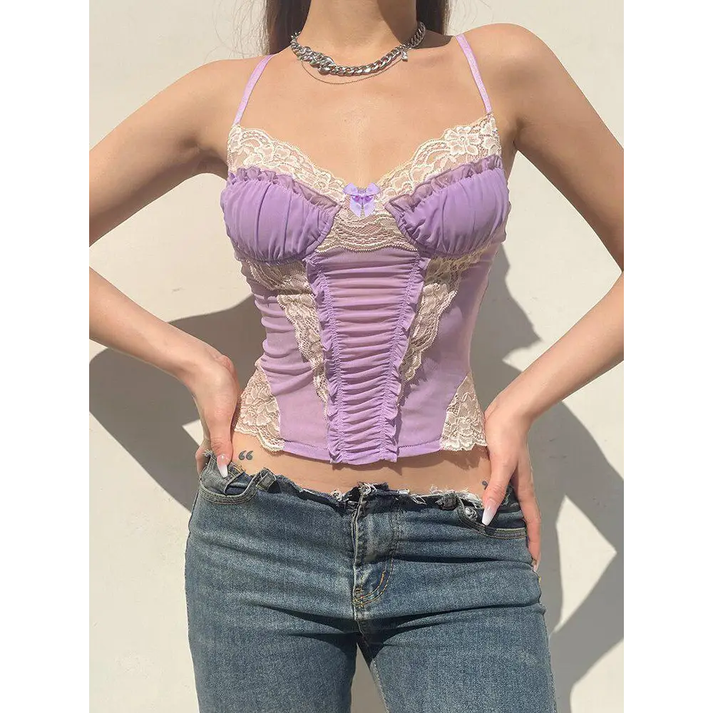 Y2k purple crop top with lace accents for a nostalgic look - s