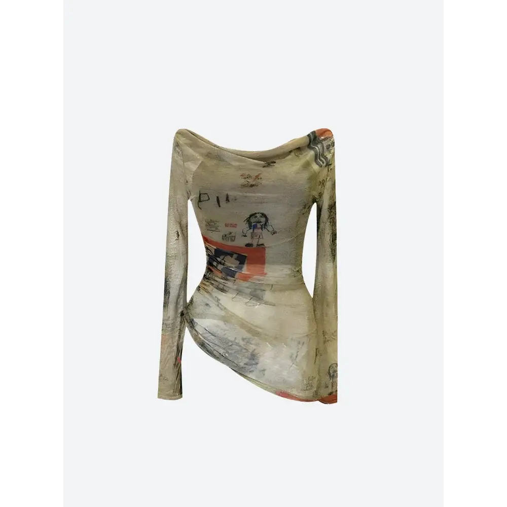 Y2k off-shoulder top with unique sketch print and mesh material