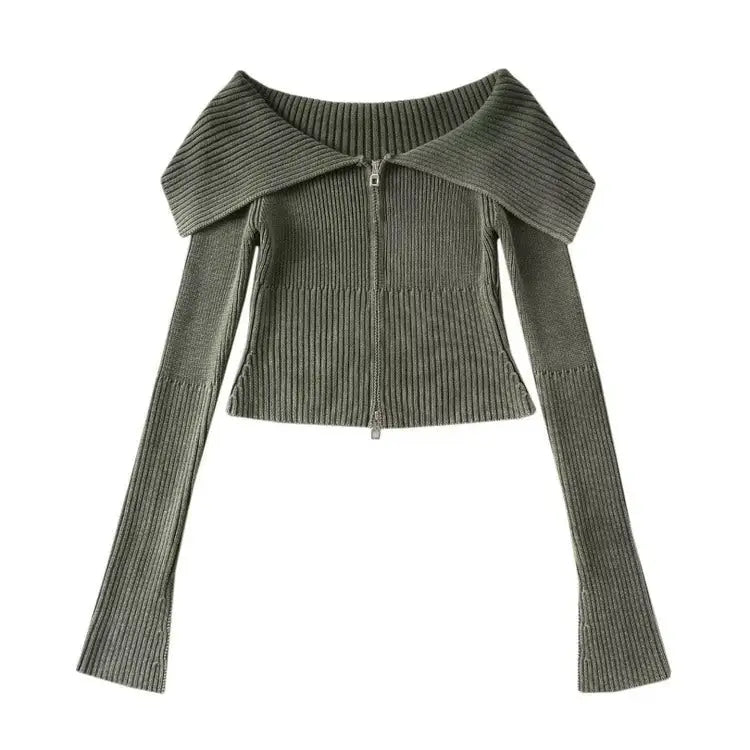 Y2k off-shoulder full zip jacket for trendy vintage style - s / army green - tops