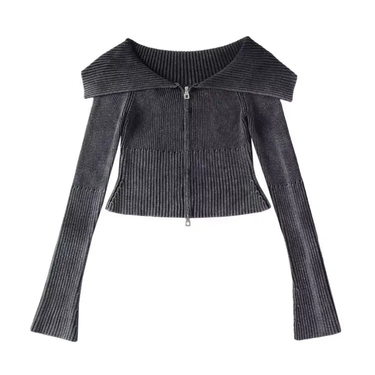 Y2k off-shoulder full zip jacket for trendy vintage style - s / ash grey - tops