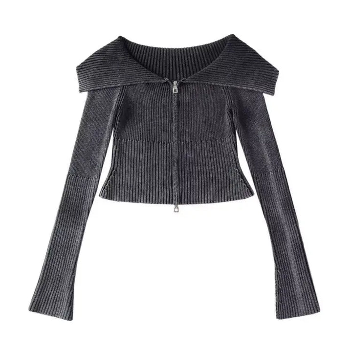 Y2k off-shoulder full zip jacket for trendy vintage style - s / ash grey - tops