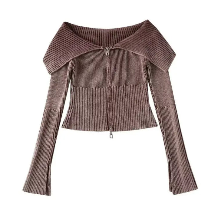 Y2k off-shoulder full zip jacket for trendy vintage style - s / mocha - tops