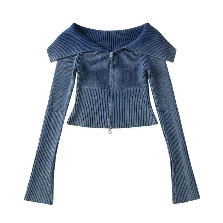 Y2k off-shoulder full zip jacket for trendy vintage style - s / navy blue - tops