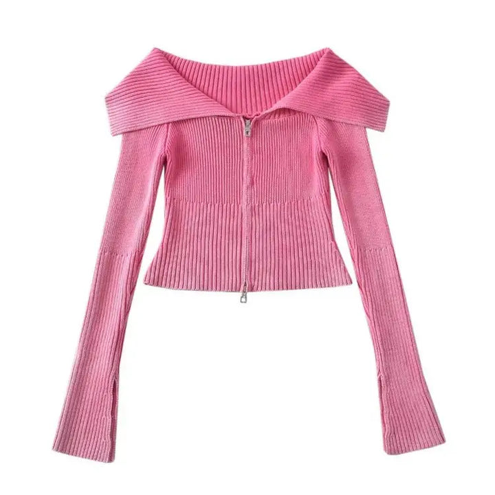 Y2k off-shoulder full zip jacket for trendy vintage style - s / pink - tops