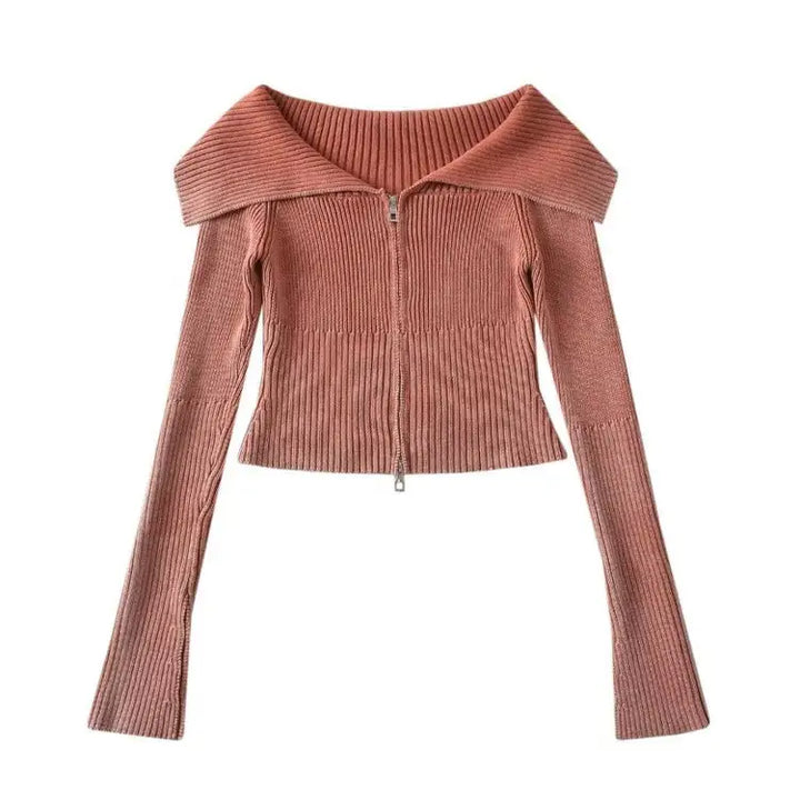 Y2k off-shoulder full zip jacket for trendy vintage style - s / salmon - tops