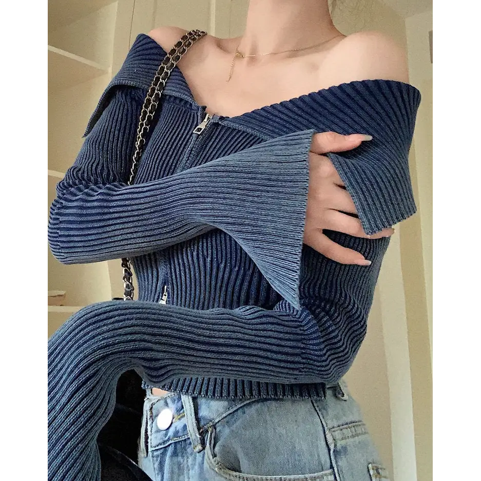 Y2k off-shoulder full zip jacket for trendy vintage style - tops