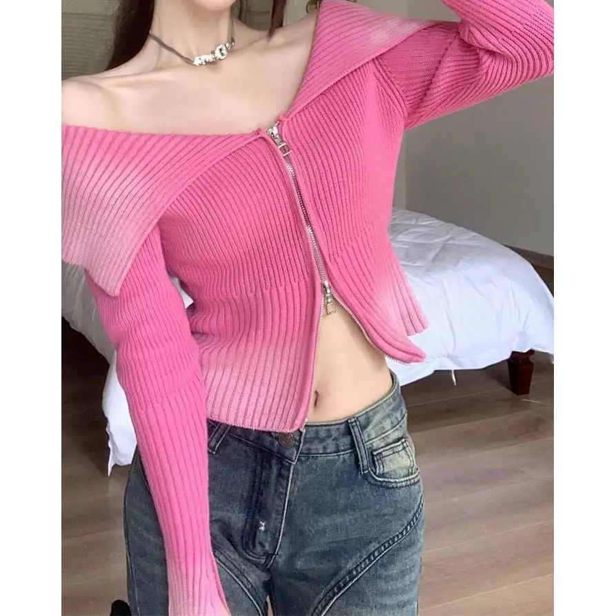 Y2k off-shoulder full zip jacket for trendy vintage style - tops