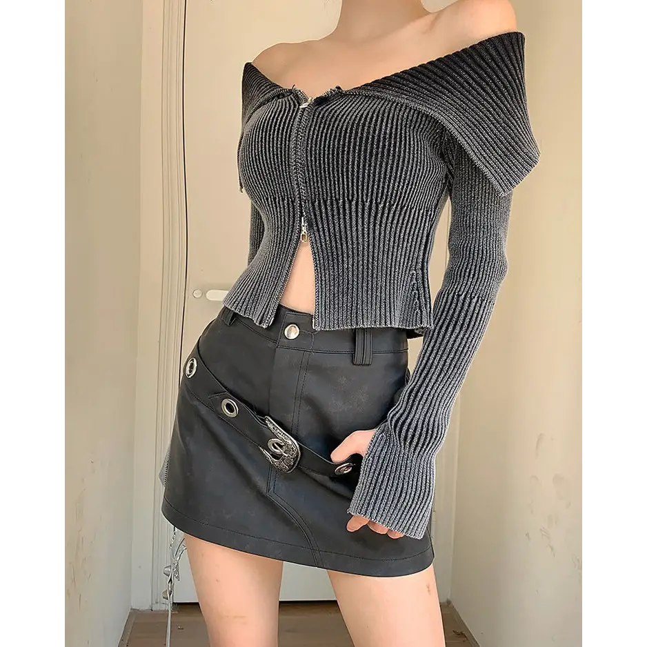 Y2k off-shoulder full zip jacket for trendy vintage style - tops