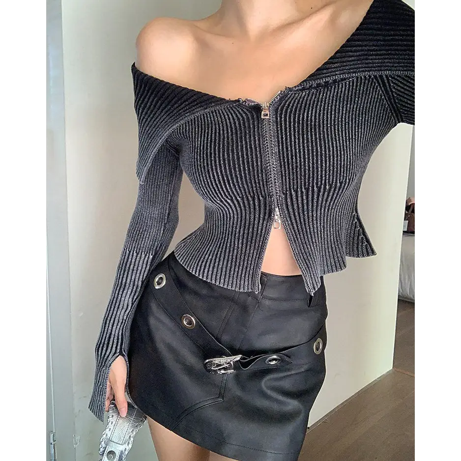 Y2k off-shoulder full zip jacket for trendy vintage style - tops