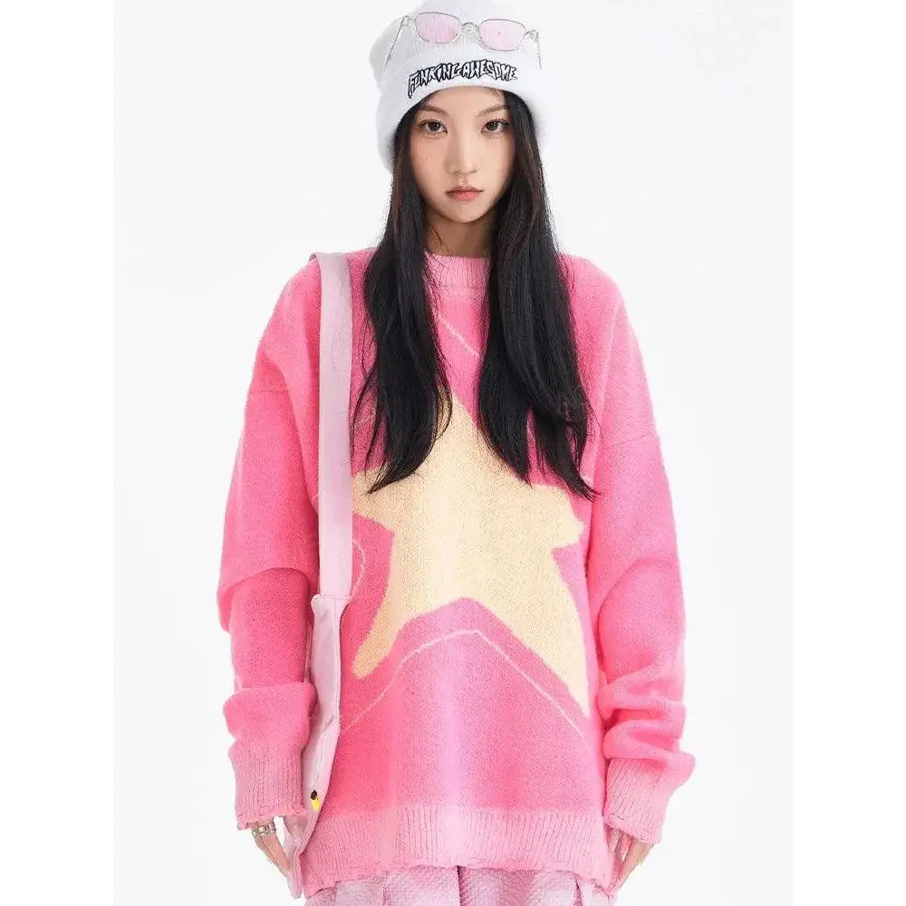 Y2k pink sweater with distressed details and star prints - m