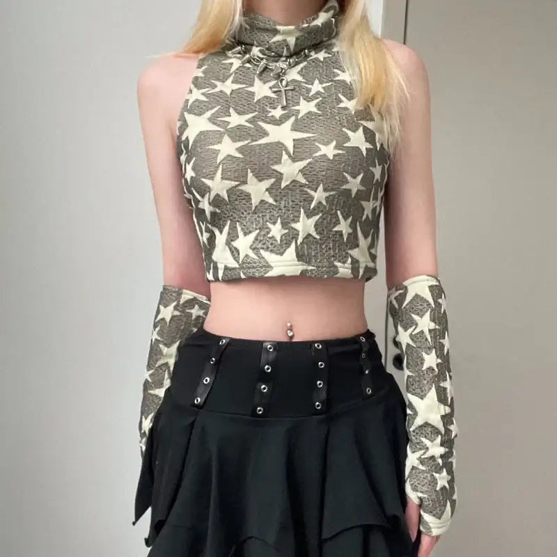 Y2k star embroidered crop top - cream / s