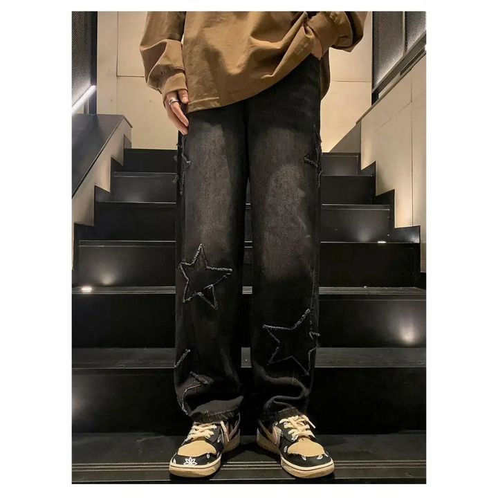 Y2k star embroidered jeans - black / s