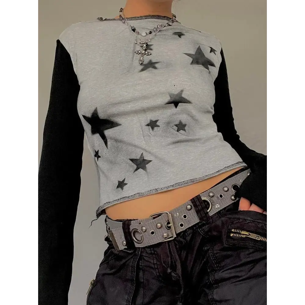 Y2k star graphic print vintage crop top - gray / s