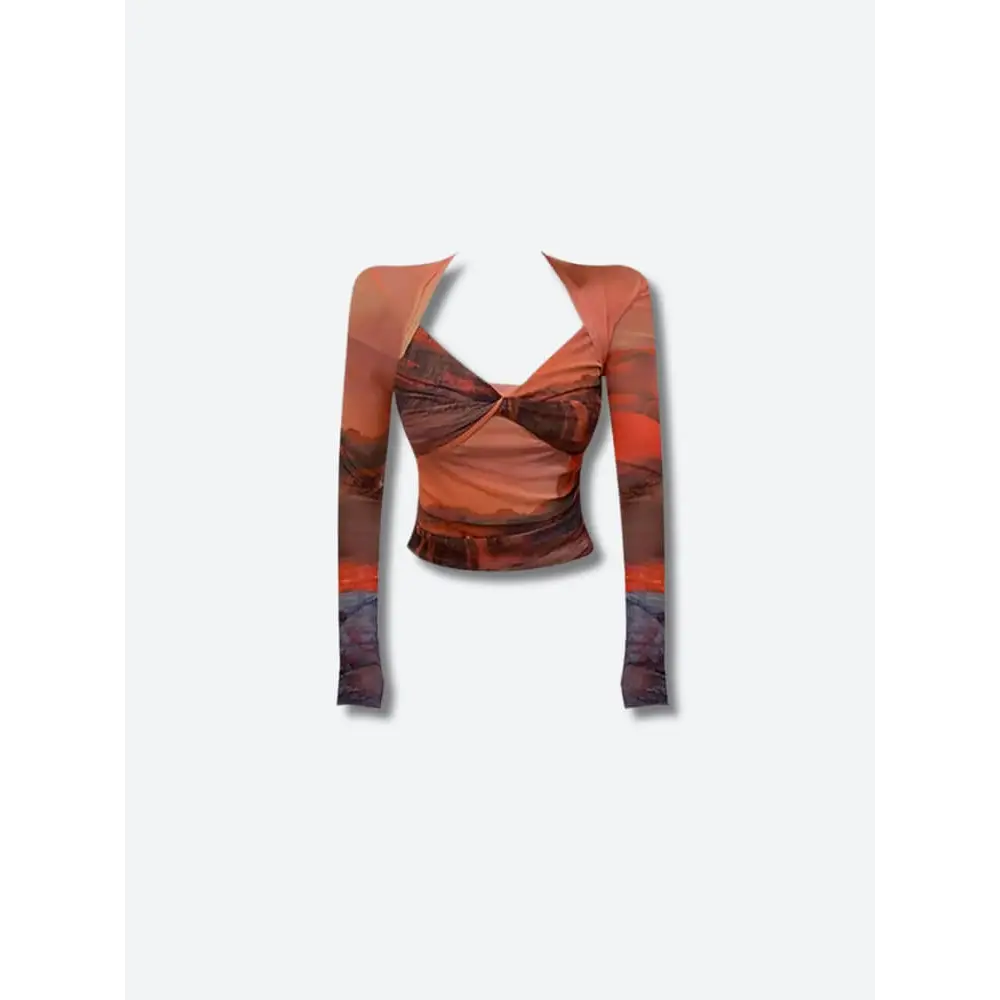 Y2k sunset mesh top with twist bust design and long sleeves