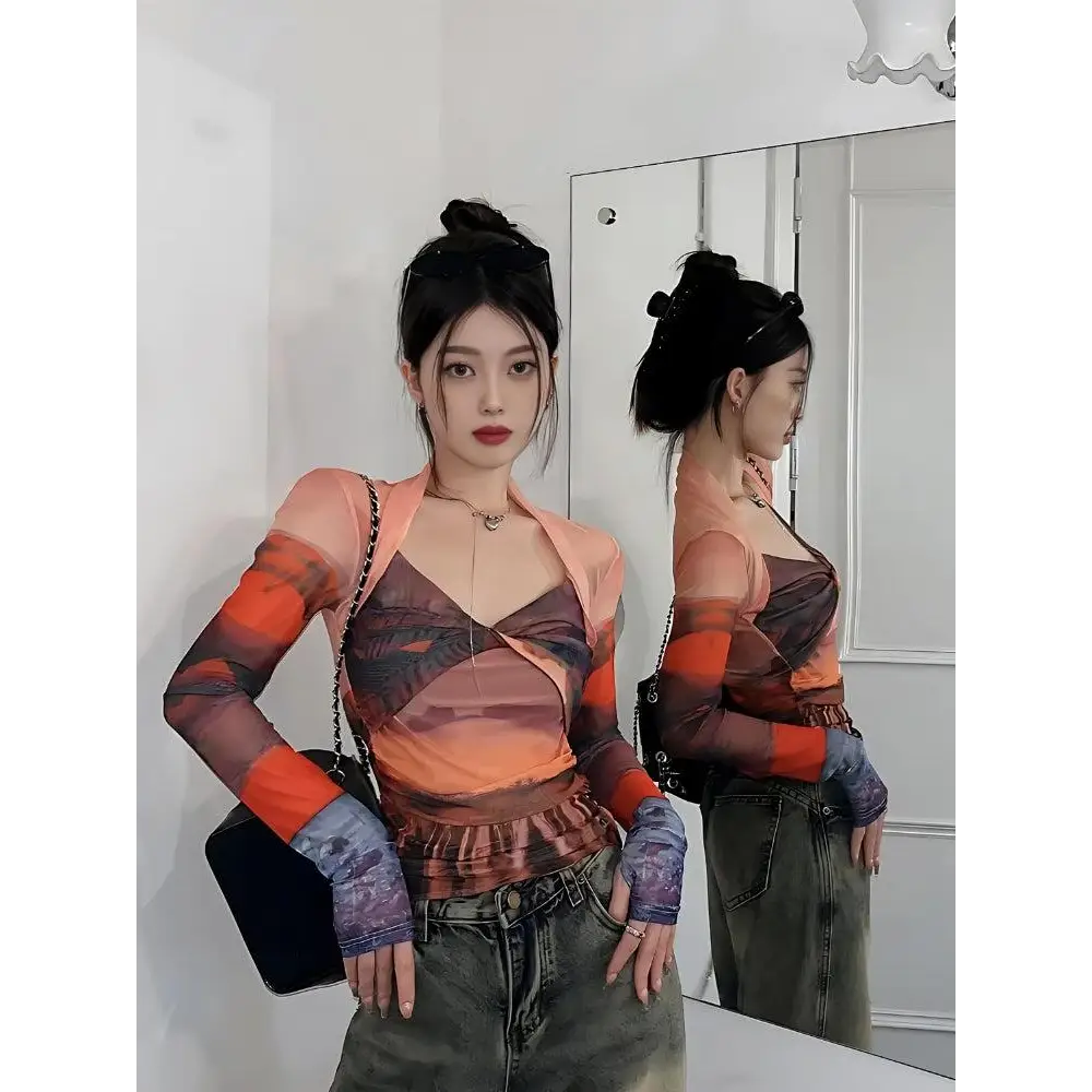 Y2k sunset mesh top - orange / s