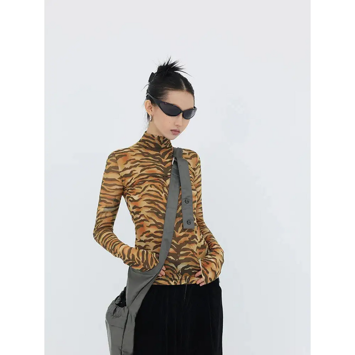 Y2k tiger mesh top in bold print - brown / one size