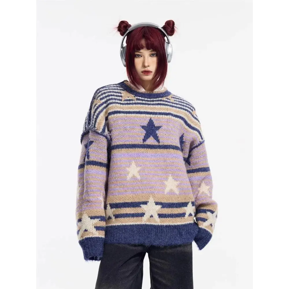 Y2k vintage stars striped knitted sweater - purple / m