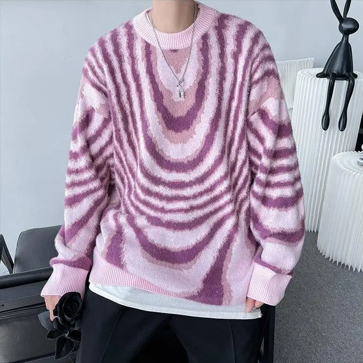 Y2k sweater with wavy stripes and classic crew neck long sleeves